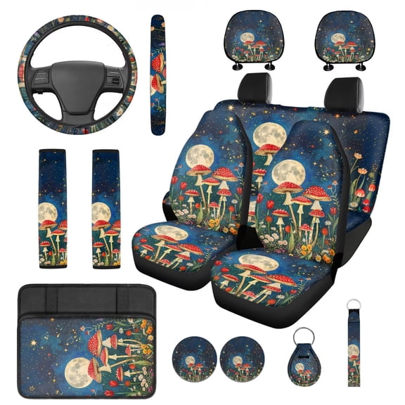 Pzuqiu Red Mushroom Moon Car Accessories Front Rear Seat Covers Steering Wheel Seat Belt Headrest Covers Coaster Center Console Cushion Pad Keychain 14 Pcs Full Set Fit Most SUV Van Sedan Truck