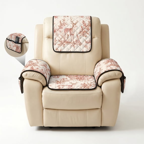 Red Transferware Set Pzuqiu Red Reindeer Toile 4-Piece Quilted Recliner Headrest Armrest ...