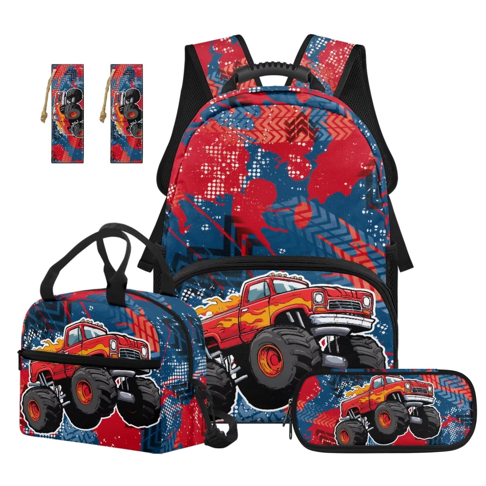 Pzuqiu Red Truck Back Pack for School Girls Set of 4 17 Inch Kids Backpack Lunch Bag with Pencil Box 2pcs Bookmark, Travel Rucksack Camping School Bag for Teens Christmas Gifts