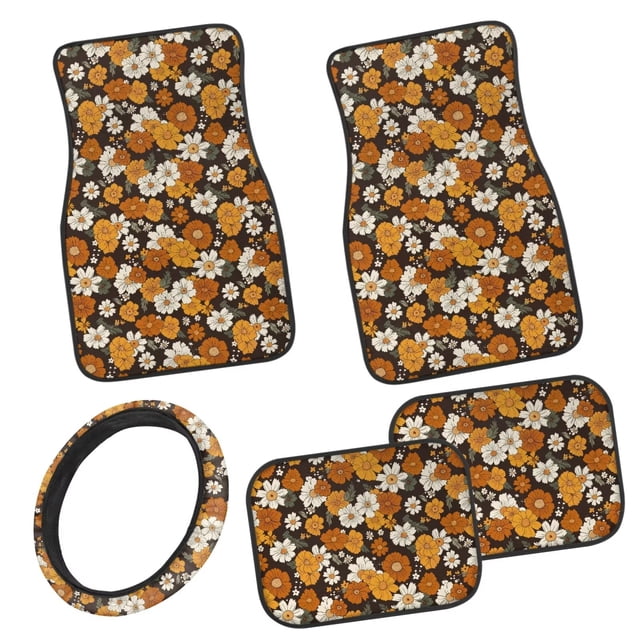 Pzuqiu Retro Flowers All Weather Car Mats Set 5 Pack Rubber Non-Slip Floor Mats with ar Steering Wheel Cover Car Interior Accessories Easy Installation Universal Fit Automotive Floor Mats