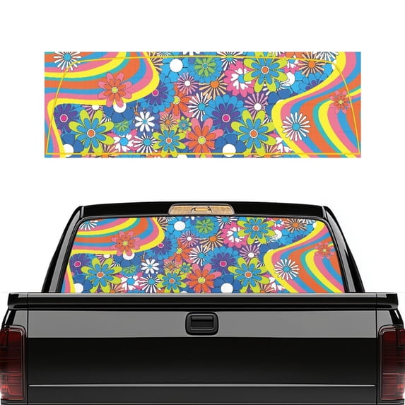 Pzuqiu Retro Groovy Floral Pattern Rear Window Decals 66.9 x 22.4 Inches for Trucks, Vinyl Back Window Decal Truck Rear Window Graphics for Decoration