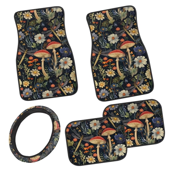 Pzuqiu Retro Mushroom Car Floor Mats for Additional Protection Driver Seat, Car Steering Wheel Covers Passenger Seat and Rear Floor Mats with Anti-Slip Pad Universal Fit Most Cars,SUV, Trucks
