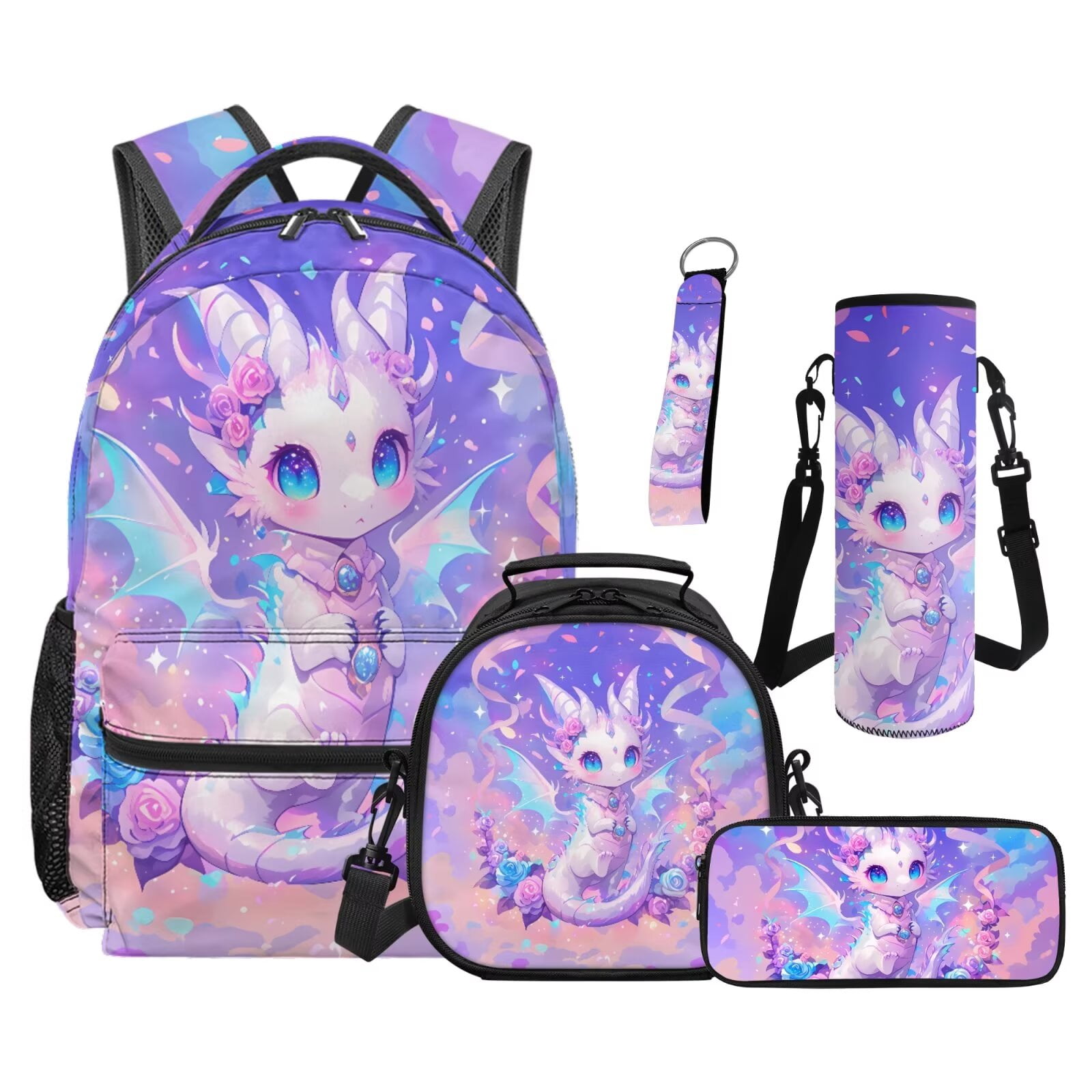 Pzuqiu Rose Dragon Backpack for Girls 5 Piece School Bookbag with Lunch Bag Lightweight School Bag for Girls 10-12 Elementary Backpack with Water Bottle Bag Pencil Box