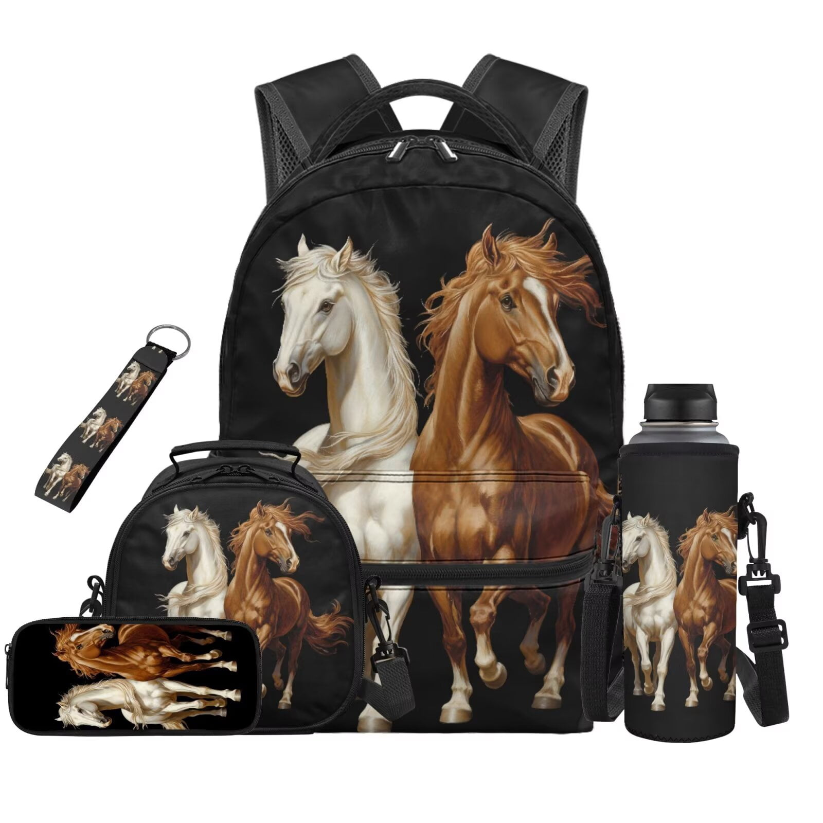 Pzuqiu Running Horses Boys Backpack Set of 5 School Bookbag Purse with Reusable Lunch Tote Bag Water Bottle Bag Pencil Case for Kids Elementary Schoolbags