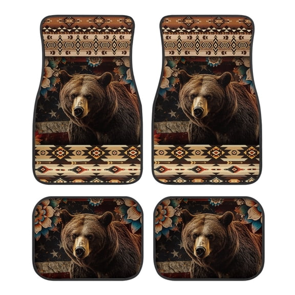 Pzuqiu Rustic 4 Piece Car Floor Mats featuring Brown Bear Design - Durable Non-Slip All Weather Interior Protection