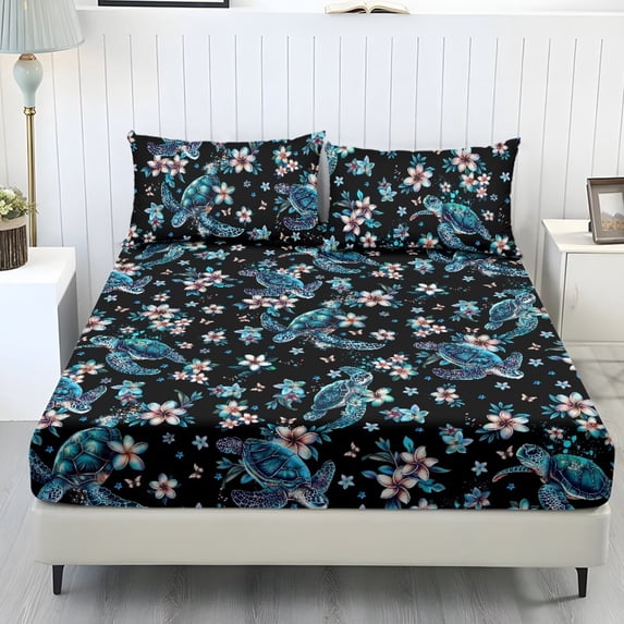 Pzuqiu Sea Turtle 3 Pieces Bed Sheet Set with Pillowcases, Breathable Soft,Home Fitted Bottom Sheet with 2 Pillowcases, Comfy Breathable, Bedding Fitted Sheet Deep Pocket,Full XL Size