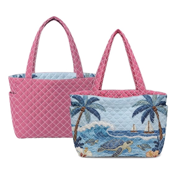 Pzuqiu Sea Turtle Beach Large Quilted Tote Bag for Women Lightweight Casual Puffer Tote, Stylish Trendy Work Travel Commute Daily Carryall Handbag for Work Travel