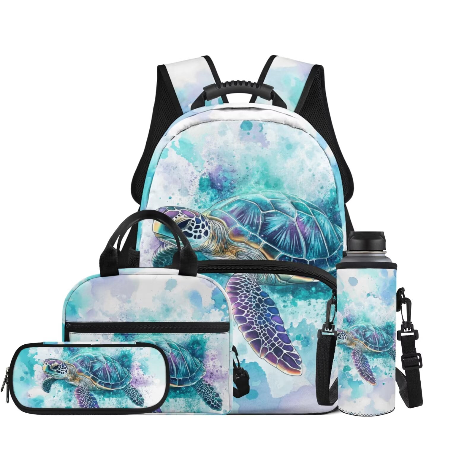 Pzuqiu Sea Turtle Kids Backpack for Girls 4 Piece School Bookbag with Lunch Box Lightweight School Bag for Girls 10-12 Elementary Backpack with Pencil Box Water Bottle Holder
