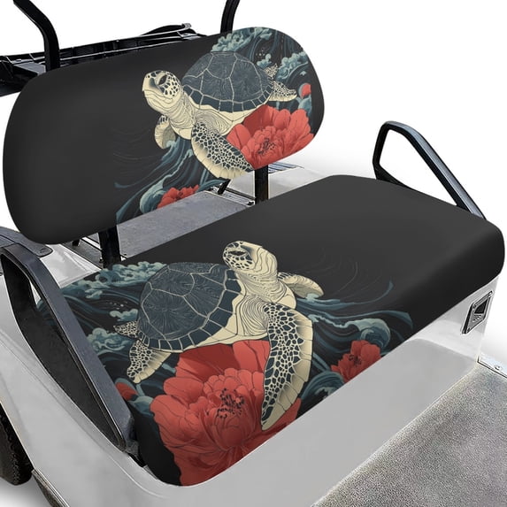 Pzuqiu Sea Turtle & Peony Golf Cart Seat Cover Set - 2-Piece Stretchable Washable Protector - Fits Most 2-Seater Ezgo, Club Car & Yamaha Carts