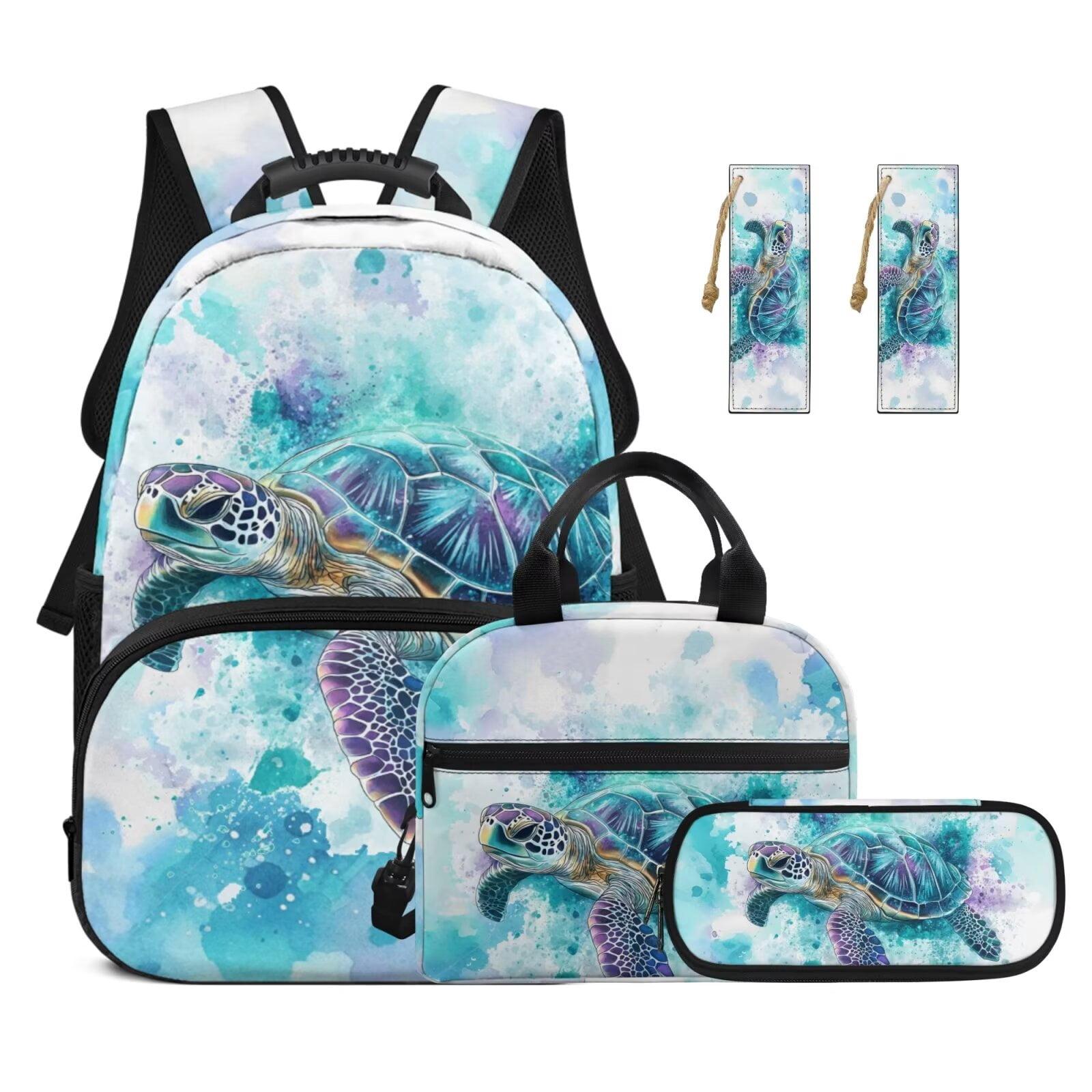 Pzuqiu Sea Turtle Print Backpack for Girls 4 Piece School Bookbag with Lunch Bag Lightweight School Bag for Girls 10-12 Elementary Backpack with Pencil Box 2pcs Bookmark