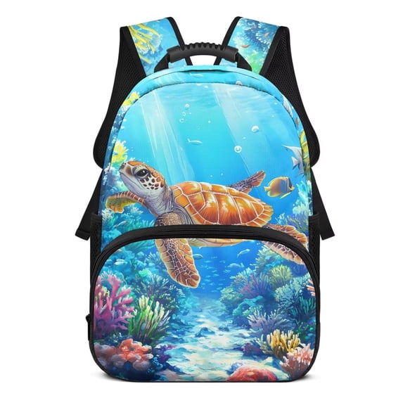 Pzuqiu Sea Turtle Print Backpack for Kids Ages 6-18 Elementary to High School Students 17 Inch Large Capacity Lightweight Schoolbag with Adjustable Straps Back to School Daily Use