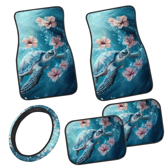 Pzuqiu Sea Turtle Print Car Floor Mats Car Steering Wheel Cover Full Set Easy to Install 5 Piece Car Floor Mats All Weather with Anti-Slip Pad Removable Automotive Accessories for Cars
