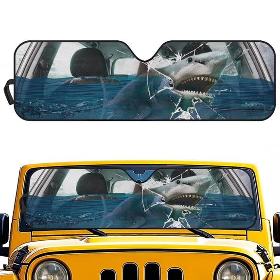 Pzuqiu Shark Foldable Car Sun Shade Compatible with Jeep Wrangler TJ JK JL &Gladiator JT 2/4 Door Sun Visor Protector Blocks UV Rays and Keep Vehicle Cool Portable Reusable