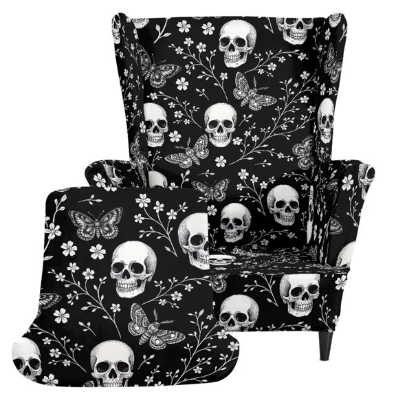 Pzuqiu Skull Butterfly Wingback Chair Cover for Pet, High Stretch Wing Armchair Protective Slipcover Polyester Spandex Wingback Chair Slipcover for Study