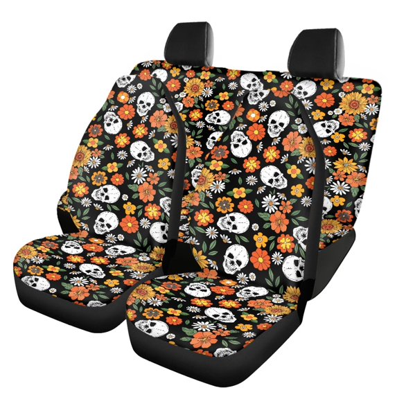 Pzuqiu Skull Daisy Car Seat Covers Full Set Breathable Car Decor Accessories, Easy to Install, Suitable for SUV Seats Sedan Seats, Fit for Cars most Cars