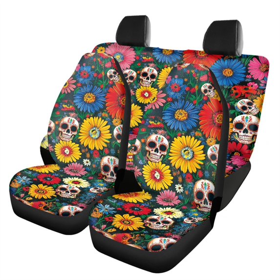 Pzuqiu Skull and Floral Pattern Design Car Seat Covers Full Set Washable, for SUV Seats Sedan Seats Automotive Seat Suitable for Cars Truck