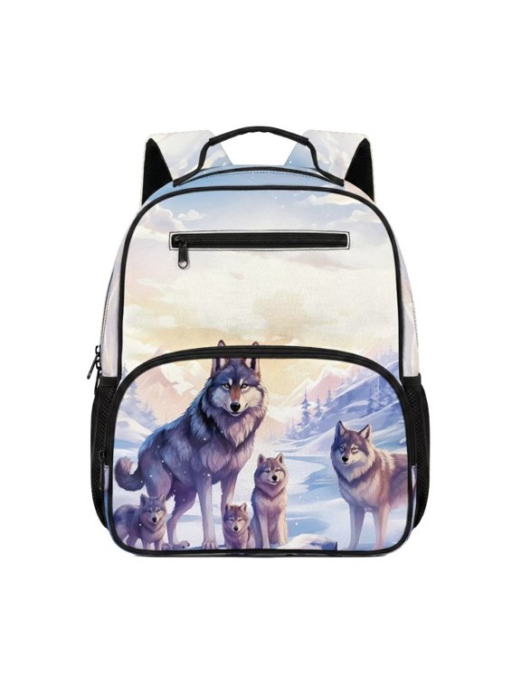 Snow Wolf Family Print 13.5 Inch Kids School Backpack Water Resistant Ventilated Padded Strap Lightweight Bookbag for Boys Girls Elementary Preschool Travel Use