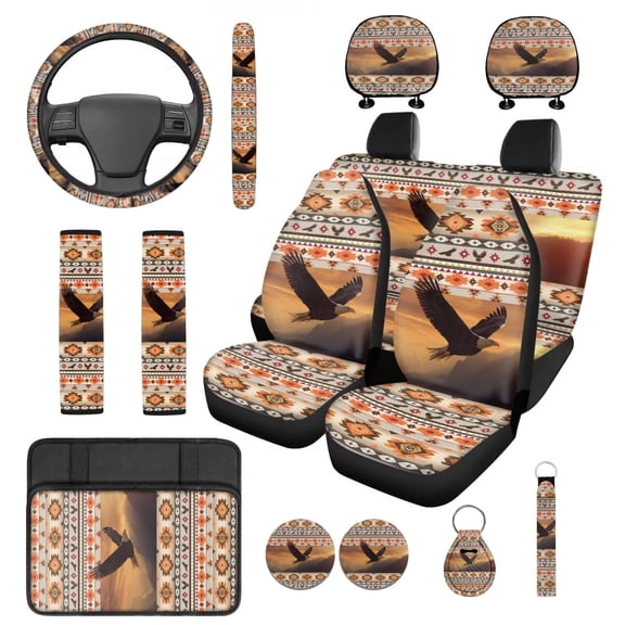 Pzuqiu Southwest Aztec Eagle 14 Pcs Interior Set Front Rear Seat Covers for Cars Steering Wheel Seat Belt Headrest Coasters Center Console Cushion Pad Key Chain Decorative Universal Fit Most Auto