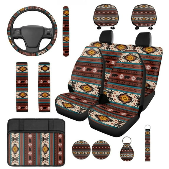 Pzuqiu Southwestern Aztec Bear Car Bucket Seat Rear Bench Cover Steering Wheel Seat Belt Headrest Cover Center Console Armrest Pad Coasters Keychain 14 Pieces Car Interior Accessories Decor Protector
