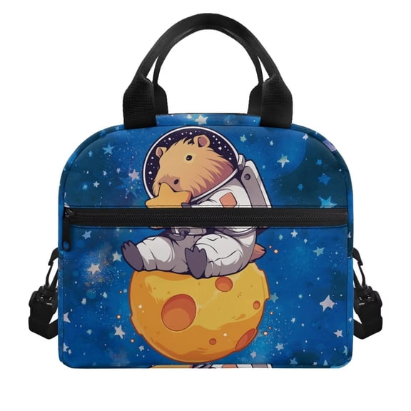 Pzuqiu Space Capybara Lunch Bag for Kids Teens, Large Capacity Reusable Heat Retention Tote with Adjustable Strap, Wear-Resistant Lunch Box for School Travel Picnic