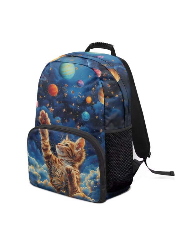 Space Cat 17 Inch Kids Backpack for Boys Girls Ages 6-18 Adjustable Straps Large Capacity Elementary School Backpacks Ideal for Back to School Supplies Daily Travel Use