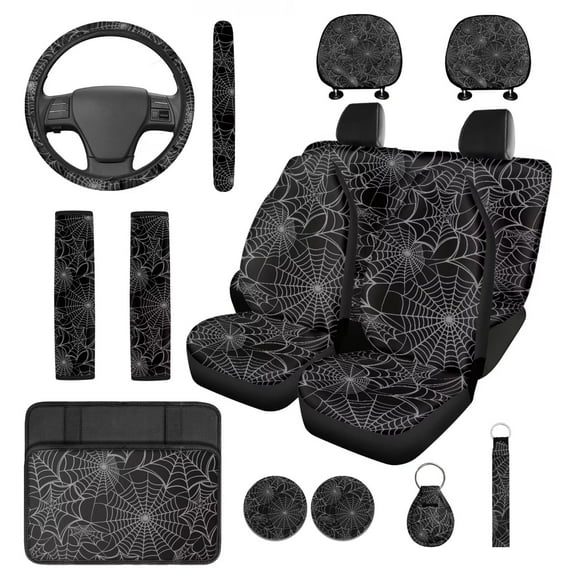 Pzuqiu Spider Web Pattern Automobile Interior Sets Car Front Back Seat Cover Steering Wheel Seat Belt Headrest Center Console Armrest Pad Keychains Coasters 14 Pcs Full Set Covers Washable Durable