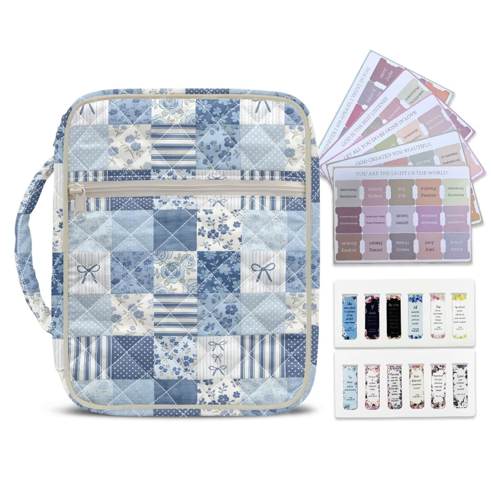 Pzuqiu Spliced Flower Womens Bible Study Supplies includes 75 Bible Tabs & 12 Bookmarks Vintage Scripture Case Church Bag Protective with Handle and Front Pocket Christian Gifts