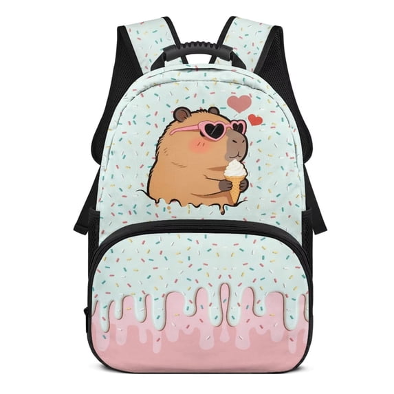 Pzuqiu Sprinkle Capybara Ice Cream Kids Backpack for Ages 6-18 17 Inch Large Capacity Breathable Elementary School Backpack for Boys Girls Back to School Travel Essential
