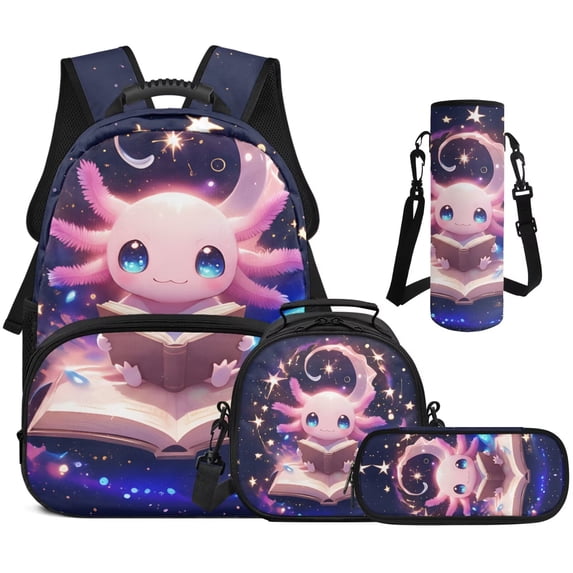 Pzuqiu Starry Book Axolotl Kawaii Kids Backpack for Girls 17 Inch School Backpacks for Kids Large Travel Daypack 4 pcs Bookbags with Lunch Box Set Pencil Case Water Bottle Holder