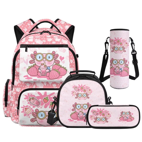 Pzuqiu Strawberry Axolotl 4 Piece School Backpack Set 17 Inch for Girls Middle School Students with Lunch Bag Pencil Case Large Capacity Schoolbag with Breathable Shoulder Straps for Back to School