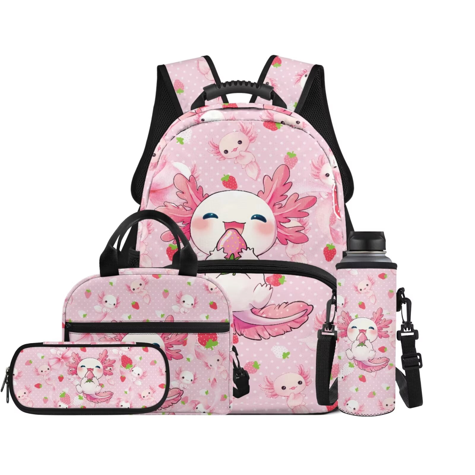 Pzuqiu Strawberry Axolotl School Backpack Set for Girls 8-12 4PCS Sports Bookbag Back Pack Lunch Bag with Pencil Box Water Bottle Holder 17 Inch Daypack Camping Bags for Teens