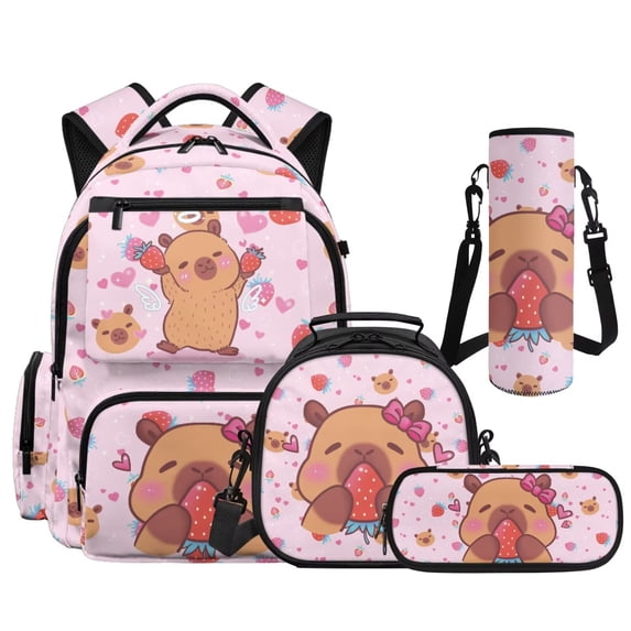Pzuqiu Strawberry Bow Capybara School Backpack Set for Girls 4 Piece with Lunch Box,Pencil Case,Water Bottle Holder,17 Inch Large Capacity Schoolbag with Adjustable Straps for Middle School