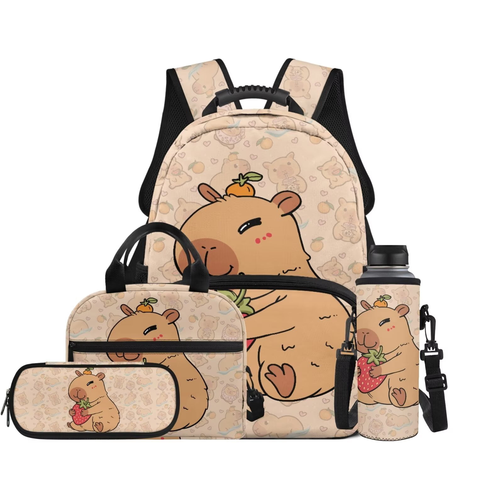 Pzuqiu Strawberry Capybara 4 Piece Back Pack for School Girls Kids Backpacks for Girls Lunch Bag with Pencil Bag Water Bottle Holder Travel Daypack Camping Schoolbag 17 Inch