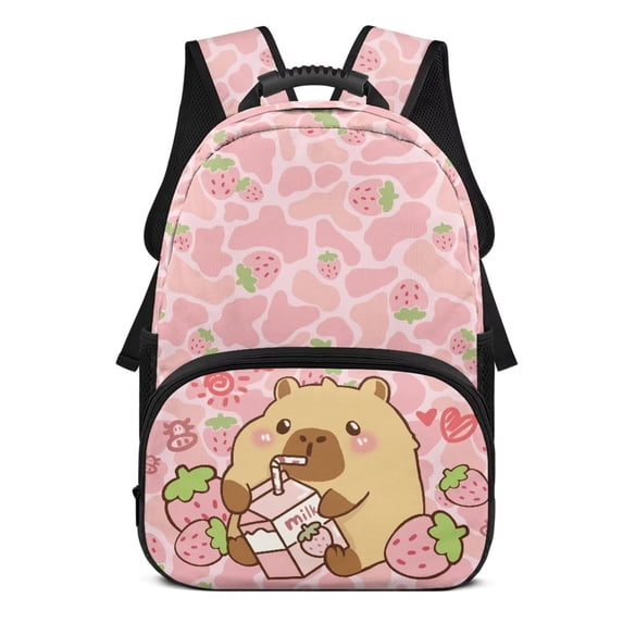 Pzuqiu Strawberry Capybara Custom 17 Inch School Backpack for Kids Personalized Schoolbag with Name Lightweight Breathable Shoulder Bag for Elementary Students Age 6-18