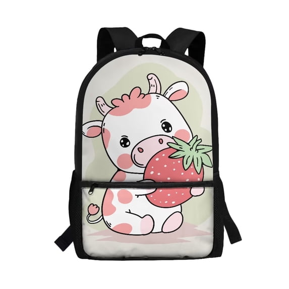 Pzuqiu Strawberry Cow School Backpack for Kids Girls, 17 Inch Bookbag for Girls Age 6-8,Lightweight School Bag for Preschool, Primary,Kindergarten School Supplies