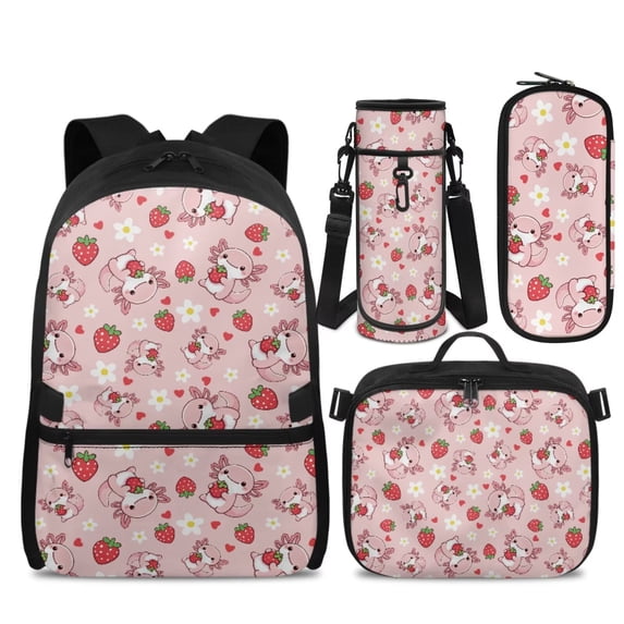 Pzuqiu Strawberry Daisy Axolotl Kids Backpack for School Girls 8-12 4pcs School Backpacks Sets with Lunch Bag Pencil Case 17 Inch Bookpack with Shoulder Strap Camping Bacpack for Teens