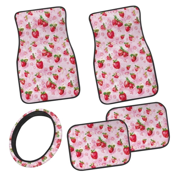 Pzuqiu Strawberry Print Car Floor Mats Car Steering Wheel Cover Full Set 5 Packs Rubber Non-Slip Floor Mats Dust Proof Car Interior Accessories Universal Fit Automotive Floor Mats for Cars