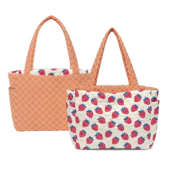Pzuqiu Strawberry Print Women's Quilted Tote Bag, Large Capacity Lightweight Orange Puffer Shoulder Handbag with Pockets for Work Shopping Travel College Everyday Use
