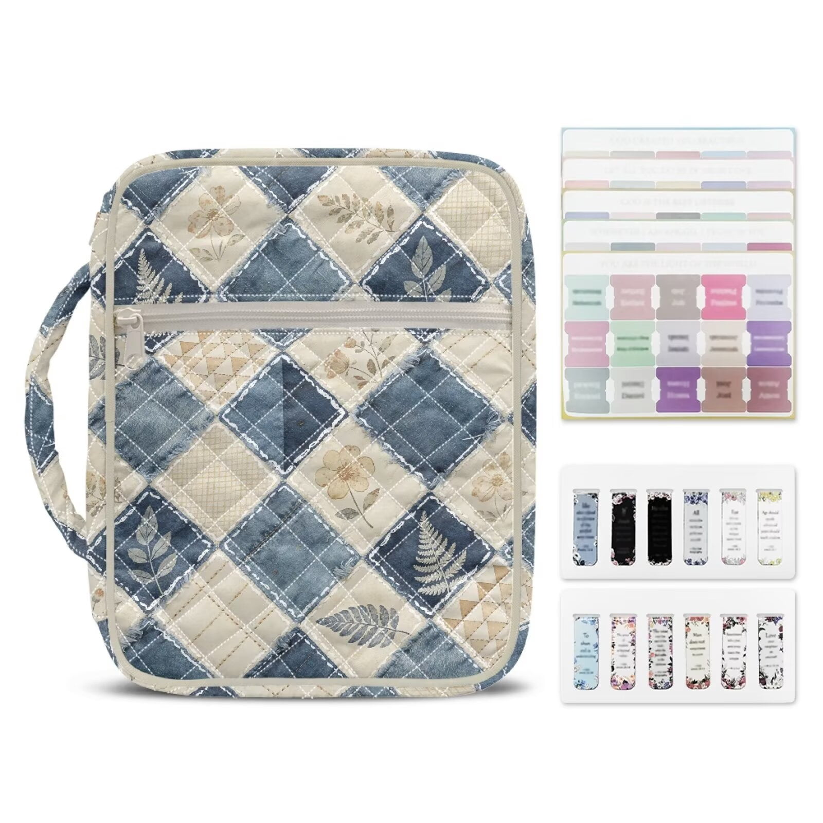 Pzuqiu Stripes Floral Print Church Bag with Handle & Zippered Pocket for Women Quilted Bible Accessories includes 75 Bible Tabs & 12 Bookmarks Vintage Perfect Gift for Book Lovers