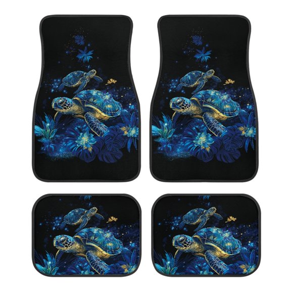 Pzuqiu Stylish 4-Piece Car Floor Mats with Blue Turtle Floral Design - Non-Slip All Weather Interior Protection