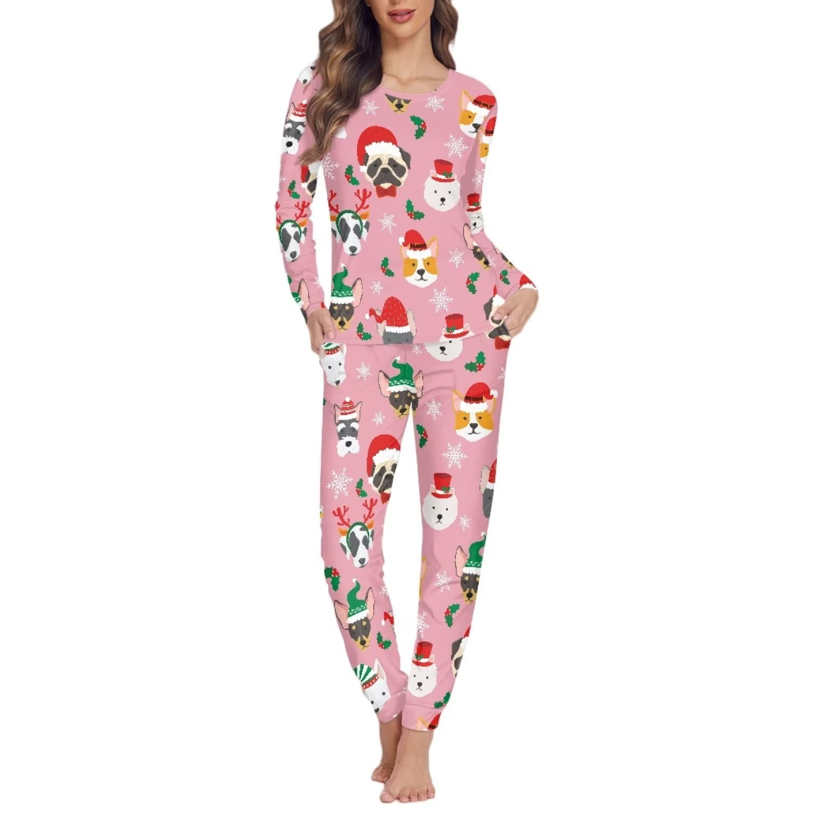 Pzuqiu Stylish Sleepwear Sets for Women Skin Friendly Pajamas Pants Pug  Corgi Elastic Jogger & Walking Soft Nightwear 2Pcs,Merry Xmas Size 4XL Crew