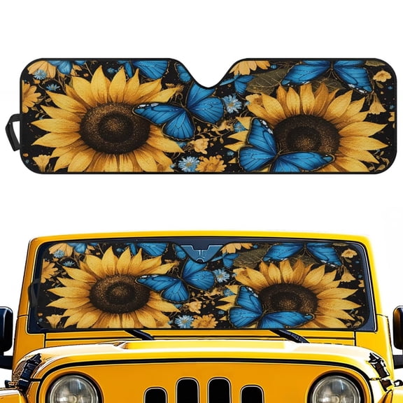 Pzuqiu Sunflower Butterfly Foldable Sunshade Compatible with Jeep JK JKU JL JLU 1997-2023 Windshield Shade Heat Shield Windshield Cover Bolck UV Rays & Protect Car Interior