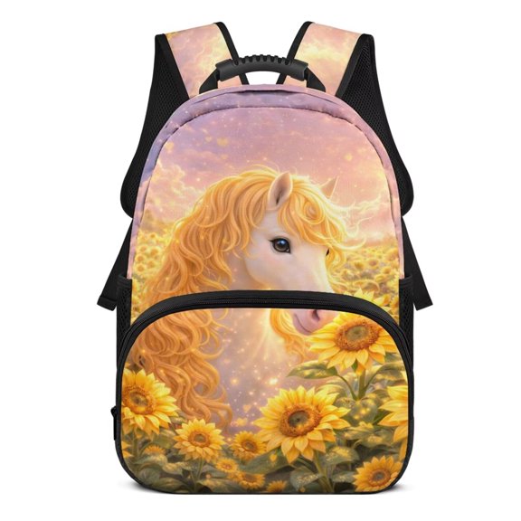 Pzuqiu Sunflower Colorful Horse Kids Backpack for Elementary to Middle School Students Ages 6-14 17 Inch Large Capacity Backpack for Kids 8-12 Back to School Ideal Choice