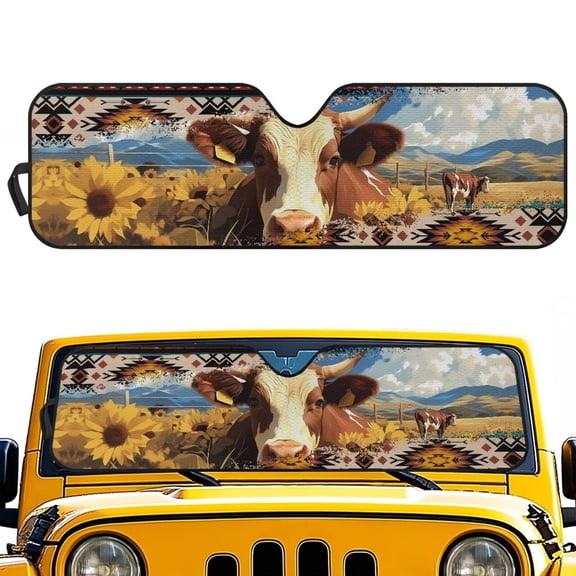 Pzuqiu Sunflower Cow Front Windshield Sunshade Folding Front Window Sun Shade Compatible with Jeep Wrangler JK JKU JL JLU & Jeep Gladiator JT Sun Protection Easy to Install