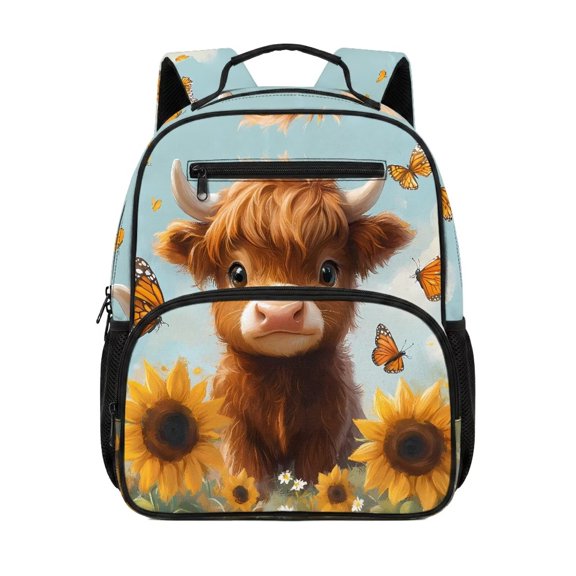 Pzuqiu Sunflower Highland Cow Kids Backpack 13.5 Inch Water Resistant Breathable Preschool Bookbag for Boys Girls Lightweight Padded School Bag for Elementary Daycare