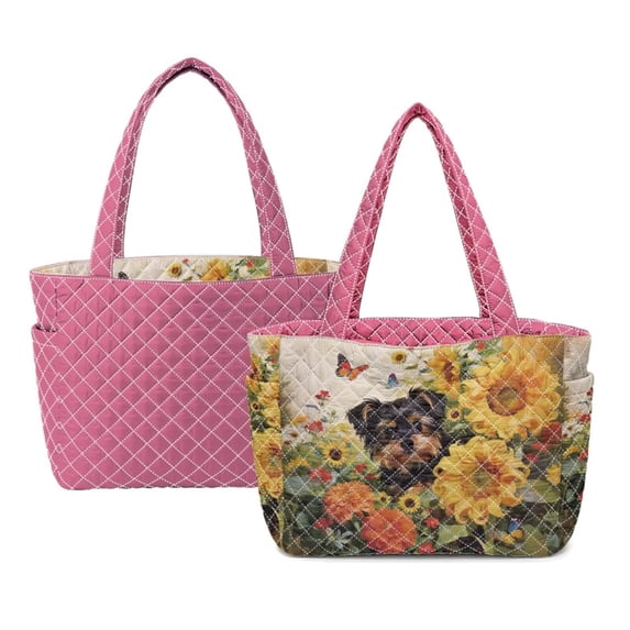 Pzuqiu Sunflower Yorkie Print Reversible Quilted Tote Bag for Women, Large Capacity Lightweight Pink Puffer Shoulder Handbag for Work Travel Shopping College Everyday Use
