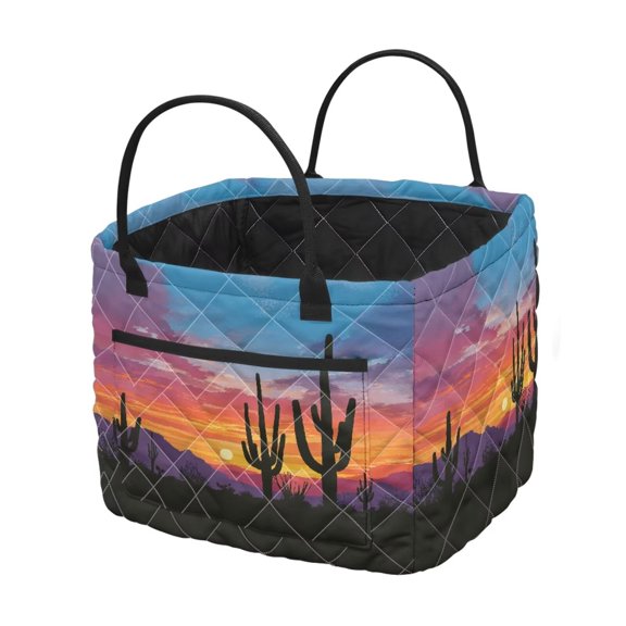 Pzuqiu Sunset Cactus Print Quilted Laundry Basket with Handles, Foldable Large Capacity Clothes Organization Heavy-Duty Soft Fabric Storage Hamper for Bedroom Bathroom Nursery
