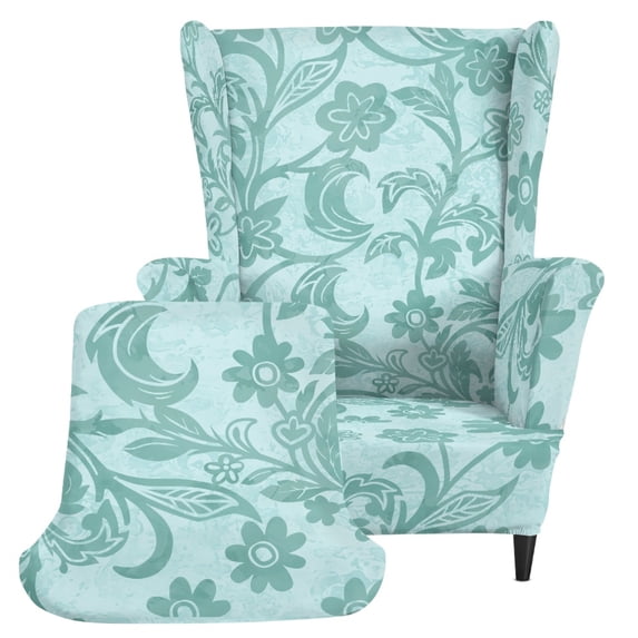 Pzuqiu Teal Damask Print Wingback Chair Slipcover with Easy to Install, 2 Piece Wingback Chair Cover with Stretch Non-Slip Seat Protector for Kids Pet