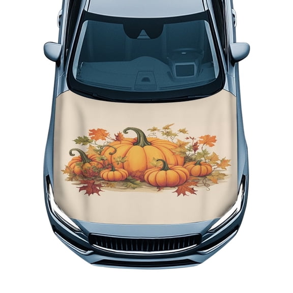 Pzuqiu Thanksgiving Car Hood Cover featuring Pumpkin Maple Leaves - Durable Waterproof Protection for Fall Auto Decor