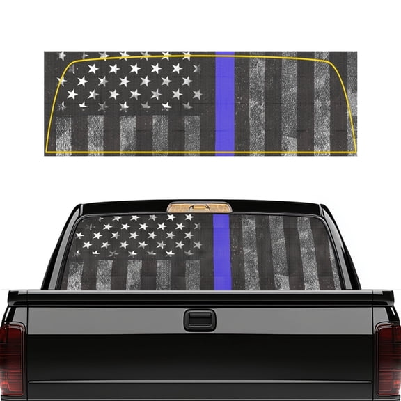 Pzuqiu Thin Blue Line Flag Truck Rear Window Decal 66.9 x 22.4 Inches, One Way See through Vinyl, Weatherproof Pickup Car Window Sticker
